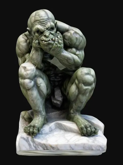 3D model for A statue in the style of the thinker but it's an orc, Marble, Highly Detailed