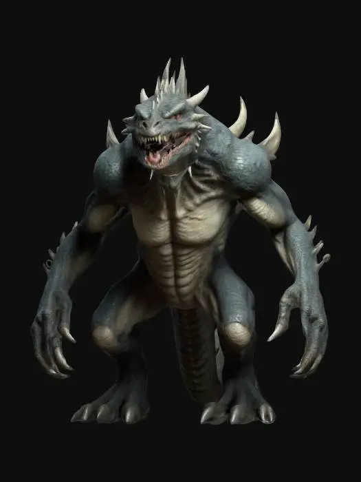 3D model for Humanoid dragon monster hunched over in a attack position mouth open highly detailed ultra realistic