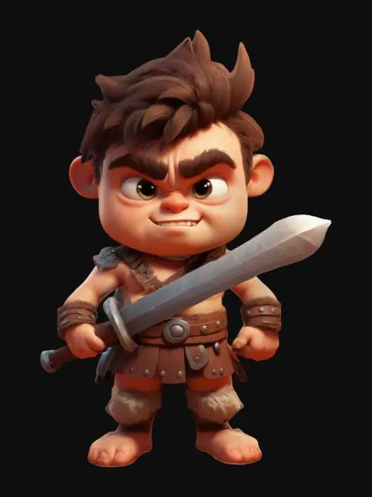 3D model for cute cartoon barbarian holding a huge oversized sword , Stylized,