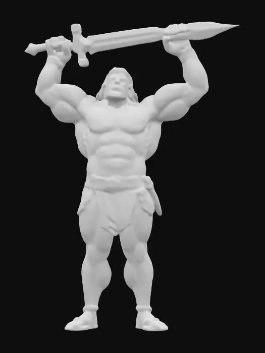 3D model for Extremely muscular bodybuilder body type Conan the barbarian holding his sword above his head. Highly detailed ultra realistic in a, Symmetrical Body pose