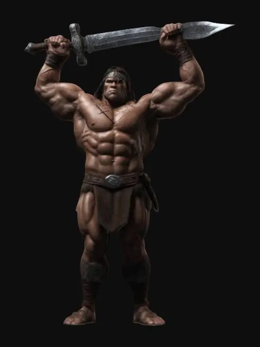 3D model for Extremely muscular bodybuilder body type Conan the barbarian holding his sword above his head. Highly detailed ultra realistic in a, Symmetrical Body pose
