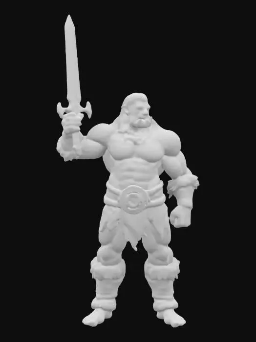 3D model for Extremely muscular bodybuilder body type Conan the barbarian holding his sword above his head. Highly detailed ultra realistic in a, Symmetrical Body pose