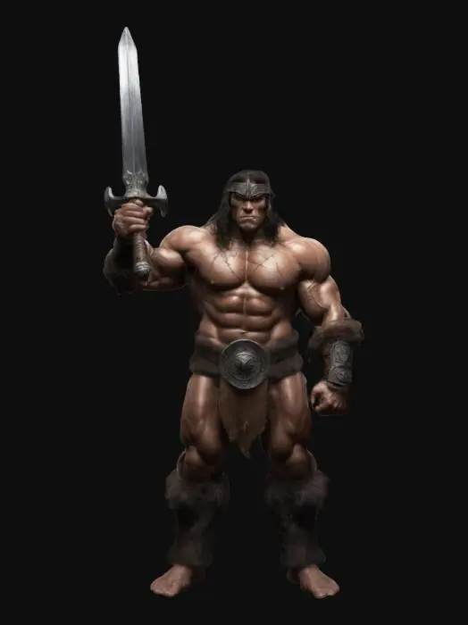 3D model for Extremely muscular bodybuilder body type Conan the barbarian holding his sword above his head. Highly detailed ultra realistic in a, Symmetrical Body pose