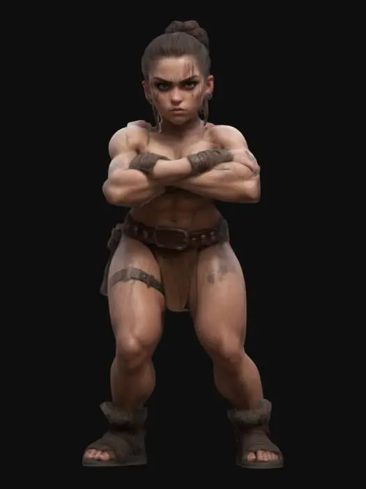 3D model for barbarian girl, muscular powerful, ultra detailed body, high detailed face, high definition, defined eyes, hard edges, angular, sharp, defined, short hair up in a bun arms folded 