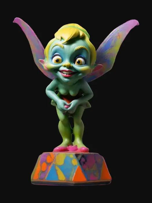 3D model for with grotesque caricatures,  A Ed "big daddy" Roth style, Tinkerbell with bright colors standing on a hexagon base ,