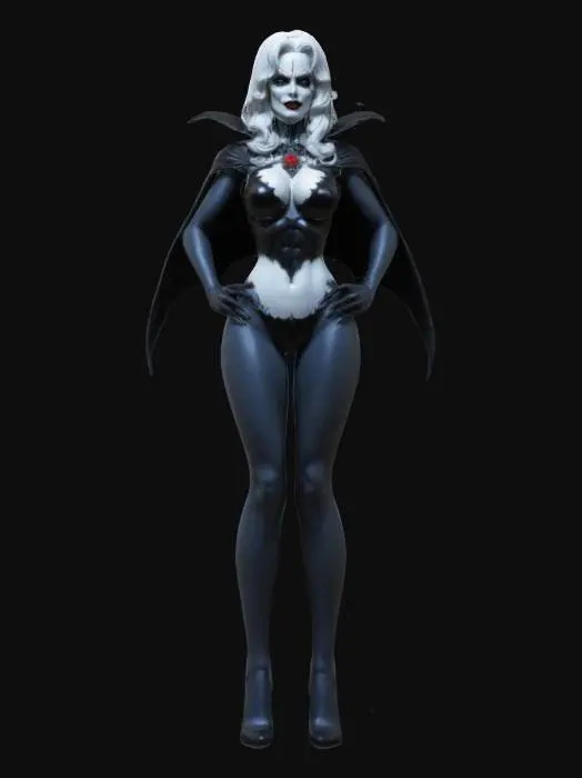 3D model for Brian Pulido's Lady Death from the comic book Lady Death Menacing pose. Highly stylized. Ensure all walls and features are at least 2mm thick.  Include bold, recessed features with a depth of at least 2mm. Maintain sharp, clean lines. Embossed features to rise at least 2mm above the surface. Recess etched details at least 2mm deep for clarity. DND.