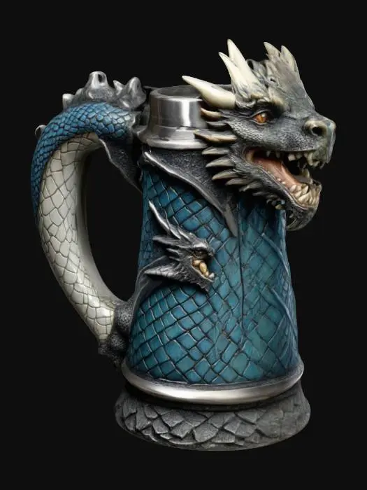 3D model for Medieval, Game of Thrones, Highly Detailed, Ultra Realistic beer stein with dragon scales carved in the handle the mug should be a dragon no top an hollow 