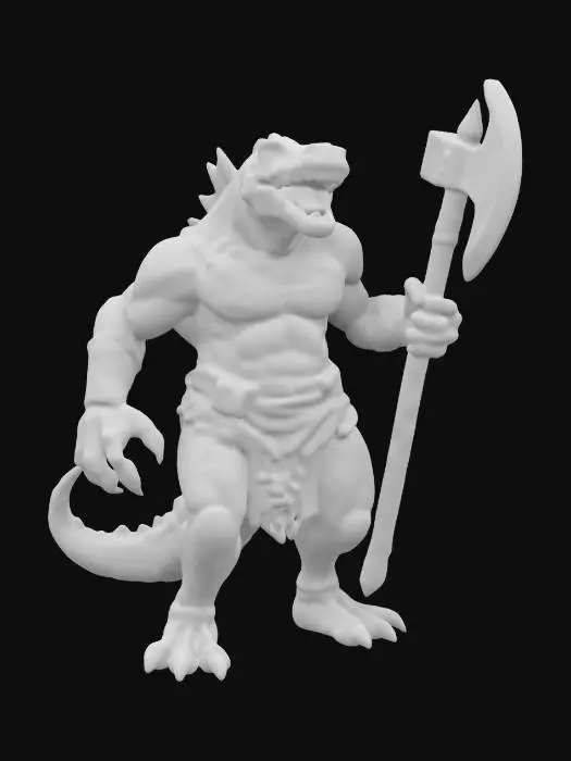 3D model for a highly detailed ultra realistic tyrannosaurus Rex warrior, leather armor carrying a huge battle ax