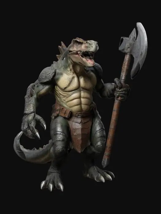 3D model for a highly detailed ultra realistic tyrannosaurus Rex warrior, leather armor carrying a huge battle ax