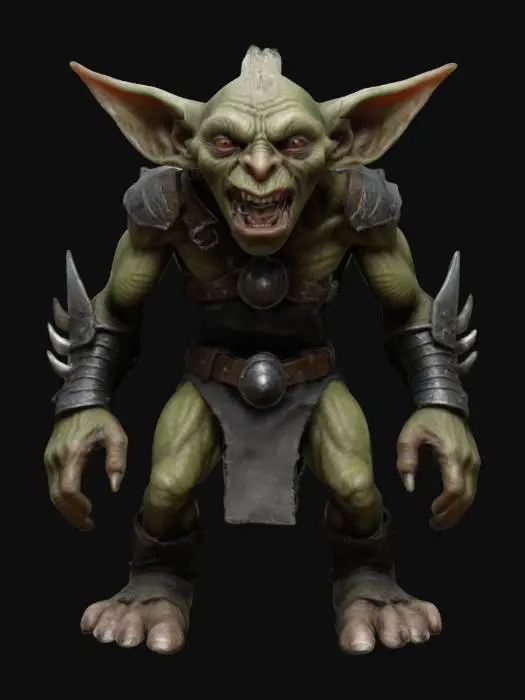 3D model for goblin warrior highly detailed in a battle stance hunched over mouth open evil 