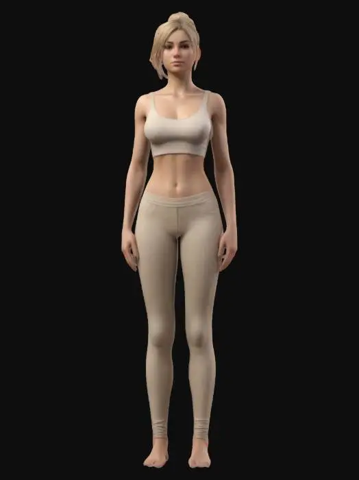 3D model for A 3D model of a slim, tall female character in her early 20s, standing in a A-pose. She has short blond hair in a bun, natural skin tone, and subtle makeup. Dressed in a fitted crop top with large breasts and wearing leggings in neutral colors, with realistic human anatomy. Includes PBR textures, detailed hair, realistic skin shadows, and soft lighting. Optimized for high-quality 3D printing.
