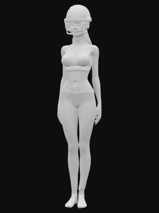 3D model for A 3D model of a slim, tall female character in her early 20s, standing in a A-pose. She has a football helmet on, natural skin tone, and subtle makeup. Dressed in a fitted crop top with large breasts and wearing leggings in silver and white colors, with realistic human anatomy. Includes PBR textures, detailed hair, realistic skin shadows, and soft lighting. Optimized for high-quality 3D printing. raiderette cheerleader  
