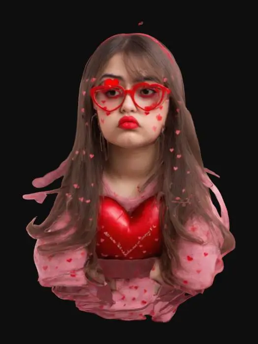 3D model for #valentine#,  beautiful college-age girl full body sad pouting face wearing hart shaped glasses 