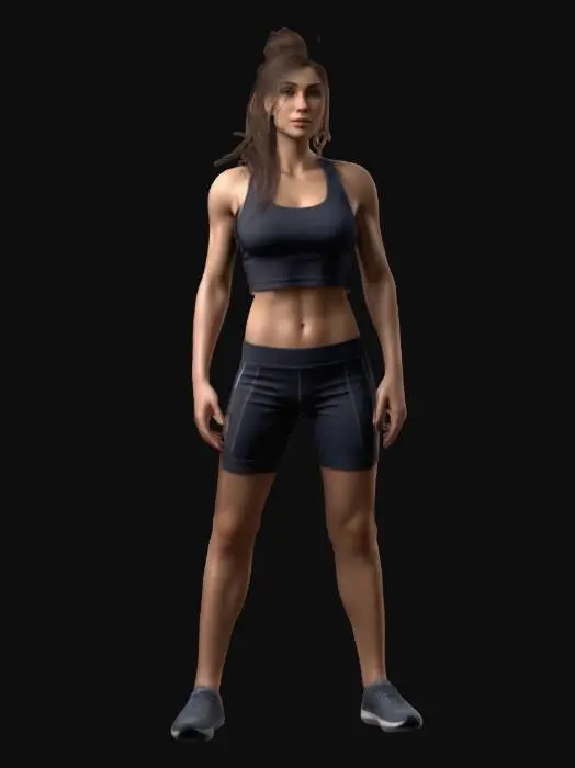 3D model for A beautiful woman with proper proportions tall and fit she is wearing work out clothes dark tank top and shorts in an a-pose. Great lighting and easily printable. Highly detailed ultra-realistic face and hands 