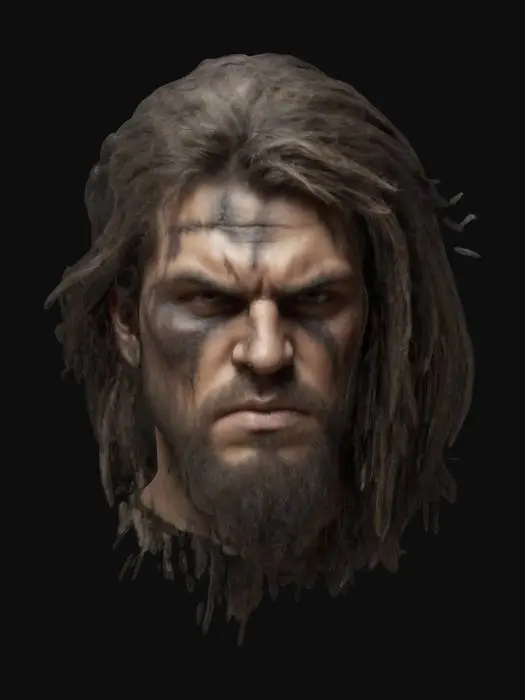 3D model for A highly detailed male barbarian warrior head long hair with a scar on his face