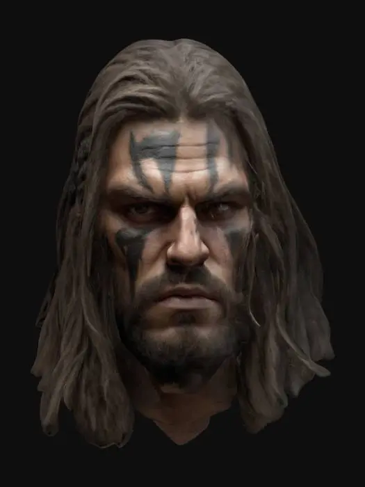 3D model for A highly detailed male barbarian warrior head long hair with a scar on his face