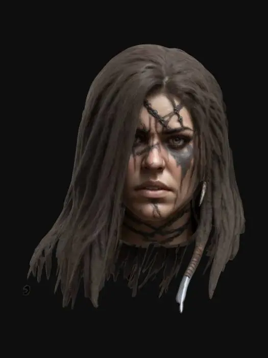3D model for A highly detailed female barbarian warrior head long hair with a scar on het face