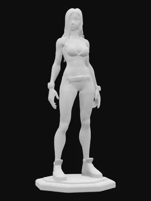 3D model for attractive girl monster slim and muscular, Highly Detailed, Ultra Realistic, Polished, Full Body, deeply carved detail in her face clear detail in her nose, lips and deep set eyes and eyelashes, Battle Pose, soft skin tight leather clothing standing on a octagon base 