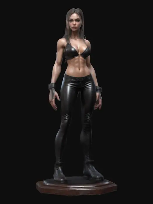 3D model for attractive girl monster slim and muscular, Highly Detailed, Ultra Realistic, Polished, Full Body, deeply carved detail in her face clear detail in her nose, lips and deep set eyes and eyelashes, Battle Pose, soft skin tight leather clothing standing on a octagon base 