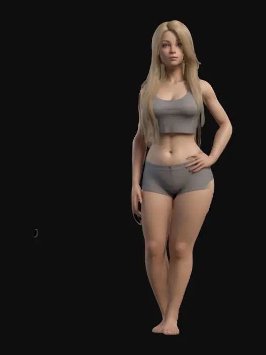 3D model for A 3D model of a curvy, tall female character in her early 20s, standing in a A-pose. She has long blond hair, natural skin tone, and subtle makeup. Dressed in a fitted tub top and wearing spandex short shorts in dark colors, with realistic human anatomy. Includes PBR textures, detailed hair, realistic skin shadows, and soft lighting. Optimized for high-quality 3D printing.
