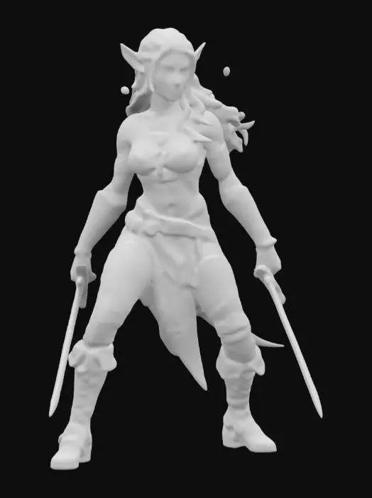 3D model for An incredibly detailed elf fantasy warrior she is holding 2 small swords and is in a crouching attack position., #women#,  
