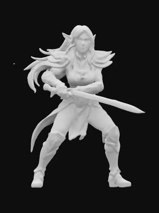 3D model for An incredibly detailed elf fantasy warrior she is holding 2 small swords and is in a crouching attack position., #women#,  