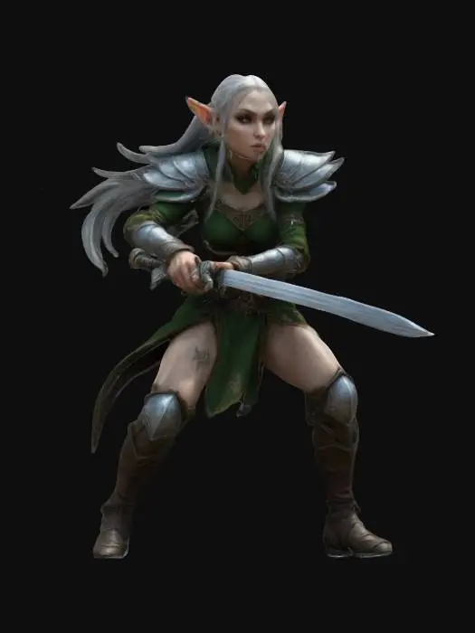 3D model for An incredibly detailed elf fantasy warrior she is holding 2 small swords and is in a crouching attack position., #women#,  