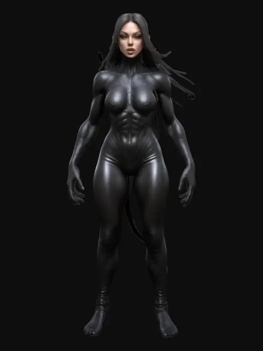 3D model for Beautiful girl monster slim and muscular, Highly Detailed, Ultra Realistic, Polished, Full Body, deeply carved detail in her face clear detail in her nose, lips and deep set eyes and eyelashes, Battle Pose, soft skin tight leather clothing standing in an a pose, #women#
