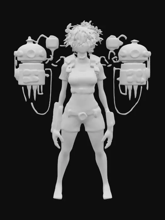 3D model for fantasy steampunk female technologist, slim graceful body, arms around body or on hips or resting on torso, dressed in steampunk style short shorts and tiny t shirt, various devices with cogs and wires attached to body, devices slightly glowing, pensive stance,  short spikey groomed hair, extremely detailed, high resolution texture, epic stance, #women#