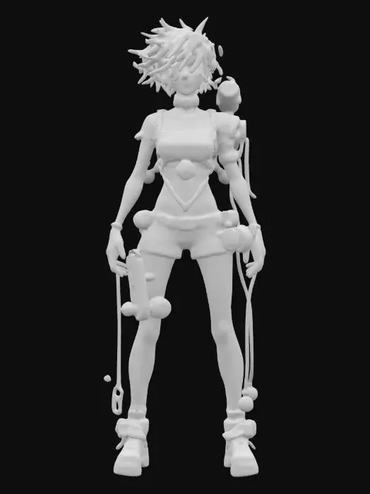 3D model for fantasy steampunk female technologist, slim graceful body, arms around body or on hips or resting on torso, dressed in steampunk style short shorts and tiny t shirt, various devices with cogs and wires attached to body, devices slightly glowing, pensive stance,  short spikey groomed hair, extremely detailed, high resolution texture, epic stance, #women#