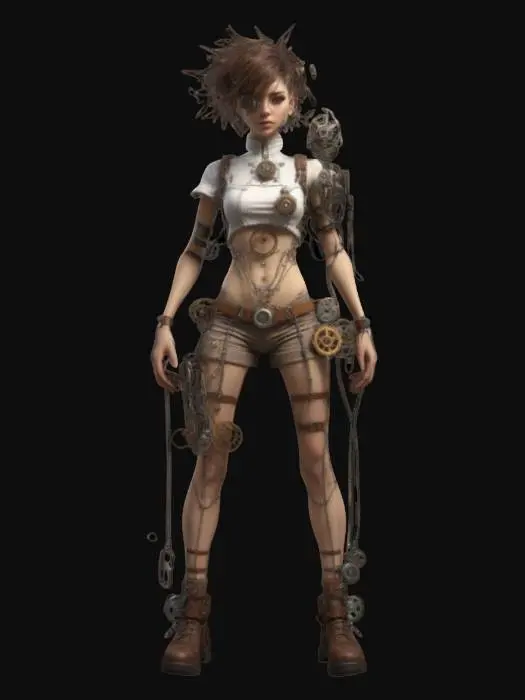 3D model for fantasy steampunk female technologist, slim graceful body, arms around body or on hips or resting on torso, dressed in steampunk style short shorts and tiny t shirt, various devices with cogs and wires attached to body, devices slightly glowing, pensive stance,  short spikey groomed hair, extremely detailed, high resolution texture, epic stance, #women#