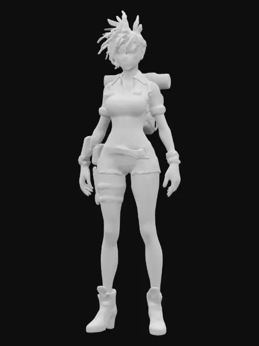 3D model for fantasy steampunk female technologist, slim graceful body, arms around body or on hips or resting on torso, dressed in steampunk style short shorts and tiny t shirt, various devices with cogs and wires attached to body, devices slightly glowing, pensive stance,  short spikey groomed hair, extremely detailed, high resolution texture, epic stance, #women#