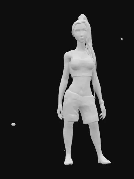 3D model for A 3D model of Lara Croft from tomb Rader in her early 20s, standing in a A-pose. She has long brown hair pulled up in a pony tail , natural skin tone, and subtle makeup. Dressed in a dirty white t-shirt crop top with large breasts and wearing brown shorts in neutral colors, with realistic human anatomy. Includes PBR textures, detailed hair, realistic skin shadows, and soft lighting. Optimized for high-quality 3D printing.