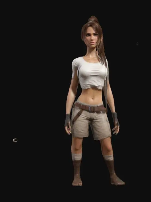 3D model for A 3D model of Lara Croft from tomb Rader in her early 20s, standing in a A-pose. She has long brown hair pulled up in a pony tail , natural skin tone, and subtle makeup. Dressed in a dirty white t-shirt crop top with large breasts and wearing brown shorts in neutral colors, with realistic human anatomy. Includes PBR textures, detailed hair, realistic skin shadows, and soft lighting. Optimized for high-quality 3D printing.