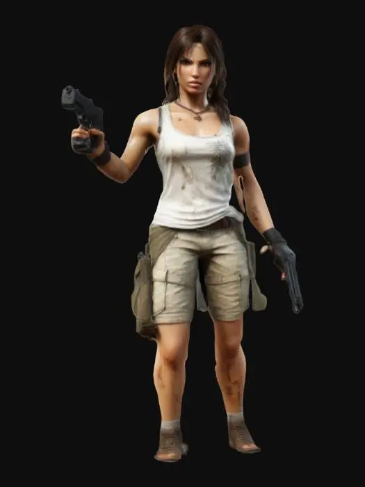 3D model for Extremely detailed Lara Croft PlayStation 2 version in a dirty white tank top and cargo shorts , #women#