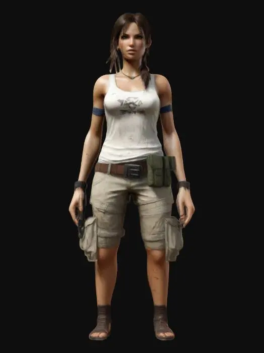 3D model for Extremely detailed Lara Croft PlayStation 2 version in a dirty white tank top and cargo shorts , #women#