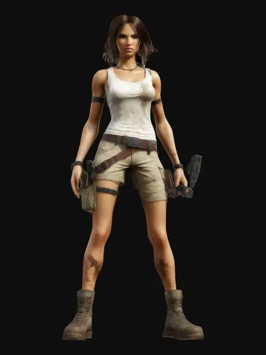 3D model for Extremely detailed Lara Croft PlayStation 2 version in a dirty white tank top and cargo shorts , #women#