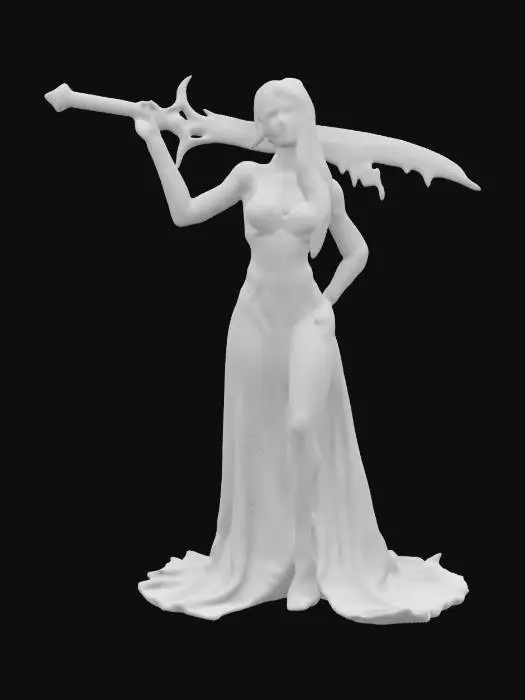 3D model for A 3D model of a fit muscular, tall female Evil ice queen character highly detailed in her early 20s, standing in a A-pose. She has long blond hair up in a messy bun, natural skin tone, and subtle makeup. Dressed in a , dress made out of ice, with realistic human anatomy. with a sword made of ice on her shoulder held there by her right hand, Includes PBR textures, detailed hair, realistic skin shadows, and soft lighting. Optimized for high-quality ready for 3D printing  #women#, 
