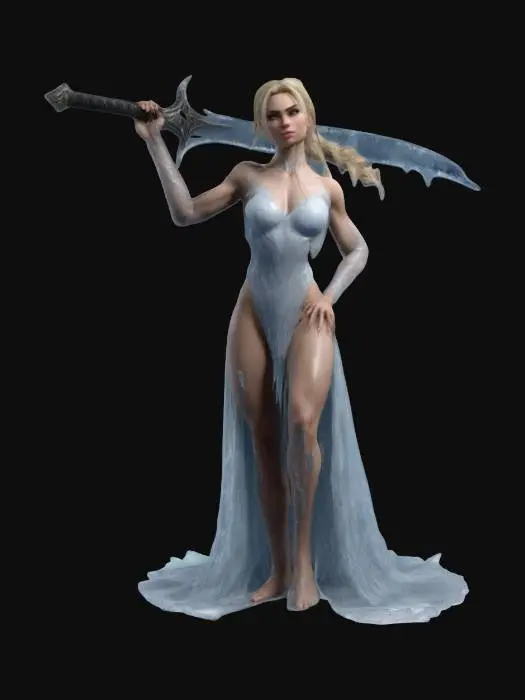 3D model for A 3D model of a fit muscular, tall female Evil ice queen character highly detailed in her early 20s, standing in a A-pose. She has long blond hair up in a messy bun, natural skin tone, and subtle makeup. Dressed in a , dress made out of ice, with realistic human anatomy. with a sword made of ice on her shoulder held there by her right hand, Includes PBR textures, detailed hair, realistic skin shadows, and soft lighting. Optimized for high-quality ready for 3D printing  #women#, 
