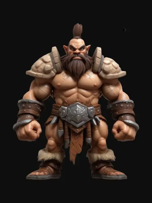 3D model for buff muscular barbarian  for Dungeons & Dragons. Attack pose.  Chibi art style. Highly stylized. Bold embossed and engraved detail. Well-defined edges. 2mm Chunky sculpted detail. High resolution., #game figure#