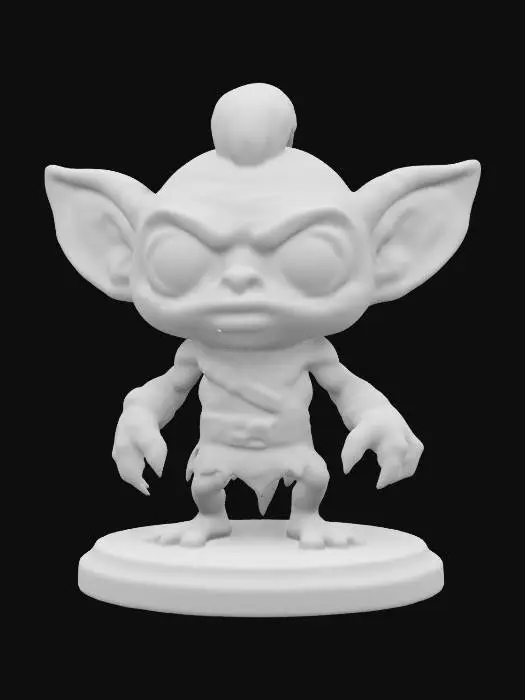 3D model for A chibi-style goblin  Oversized deeply carved eyes. Thick body. Highly stylized. Carved detail. Clean edges.  Highly detailed. Deeply detailed. Well-lit. Dungeons & Dragons. Chibi. DND. on a round base, #game figure#