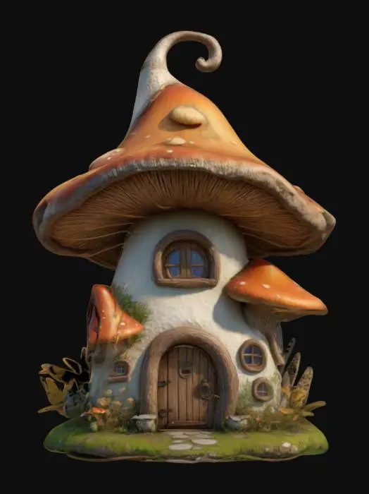 3D model for highly detailed small enchanting mushroom cottage cartoon style, simple detail with a round 2 story with a pitched roof,  4k detail, #game figure#,  