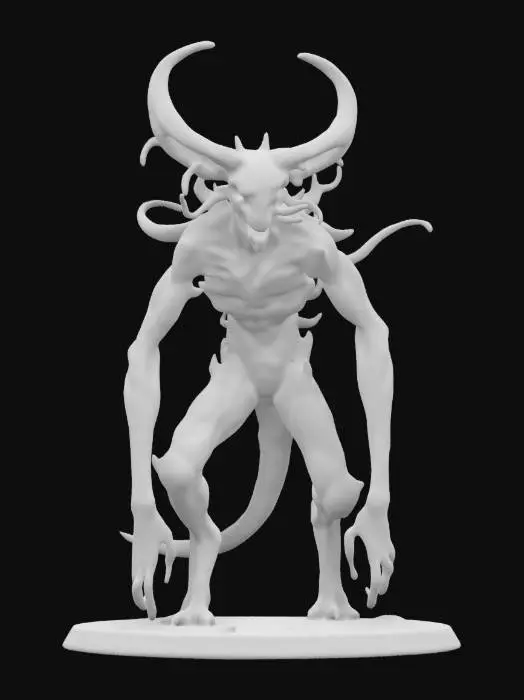 3D model for #game figure#, An extremely detailed ghoul is covered in spikes and horns his body is stringy but muscular his arms are long and hang down to his knee he is in a crouching position on a round base, #game figure#