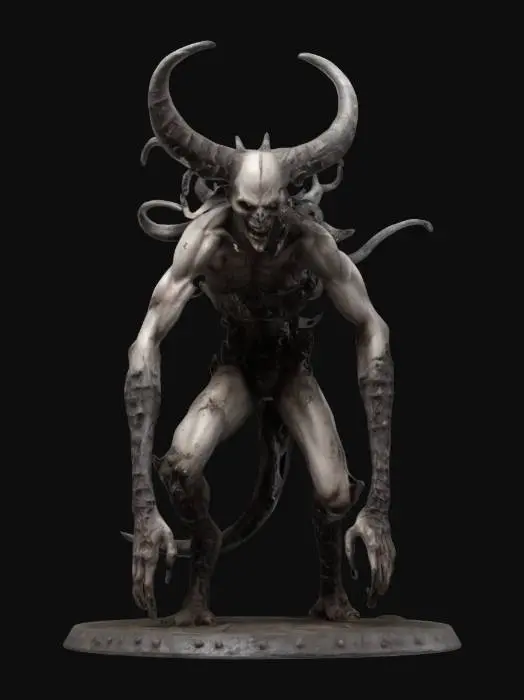 3D model for #game figure#, An extremely detailed ghoul is covered in spikes and horns his body is stringy but muscular his arms are long and hang down to his knee he is in a crouching position on a round base, #game figure#