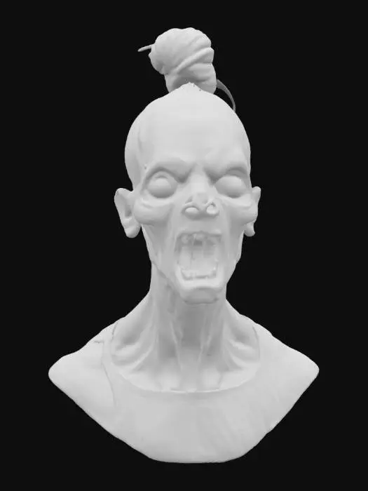 3D model for A gruesome scary  zombie head eyes open mouth open grotesque in every manner highly detailed highly realistic hair up in a top bun 