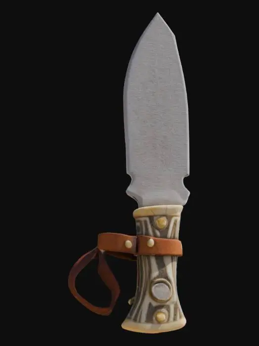 3D model for A knife made from stone with a antler handle and leather straps highly detailed , Stone, Leather, Carved, Rough, #game figure#,  