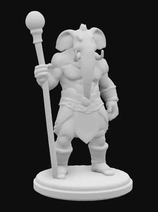 3D model for An extremely detailed medieval warrior. Has the characteristics of a elephant and man he is carrying a large wooden club he is dressed in leather clothing he is extremely muscular. His extremely large tusks that is protruding from his mouth are adorned with gold chains. He is in an attack stance mid swing of his weapon he is set on a round game ready base #game figure#