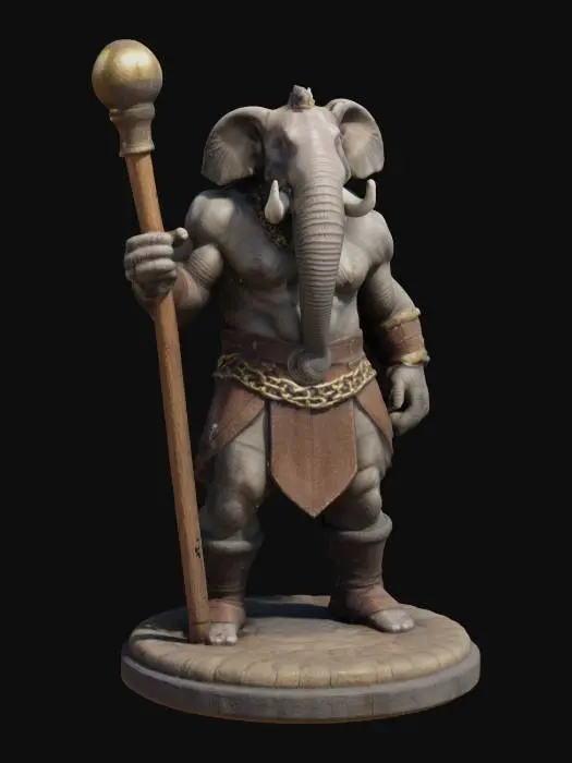 3D model for An extremely detailed medieval warrior. Has the characteristics of a elephant and man he is carrying a large wooden club he is dressed in leather clothing he is extremely muscular. His extremely large tusks that is protruding from his mouth are adorned with gold chains. He is in an attack stance mid swing of his weapon he is set on a round game ready base #game figure#
