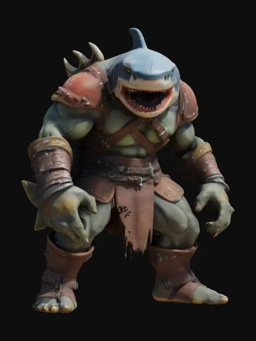 3D model for extremely detailed shark headed orc bodied  warrior in a crouched position he is in leather clothing deeply detailed  #game figure#