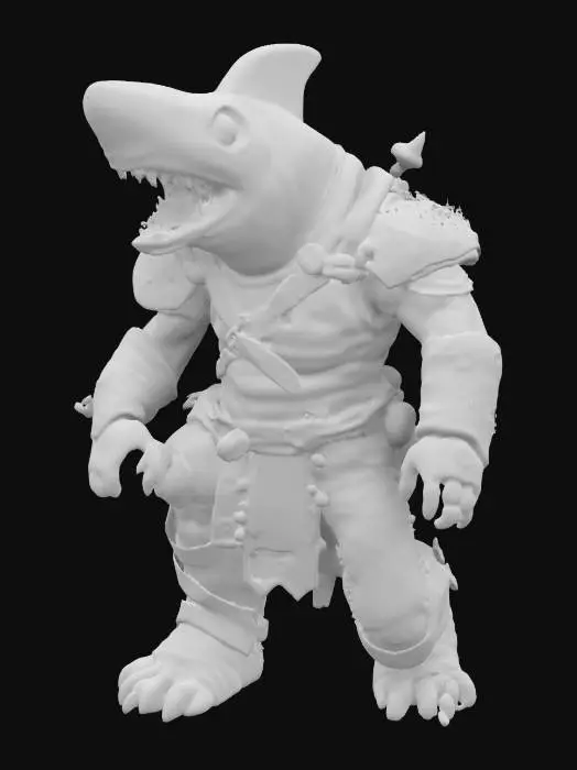 3D model for extremely detailed hammerhead shark orc bodied warrior in a crouched position he is in leather clothing deeply detailed  #game figure#